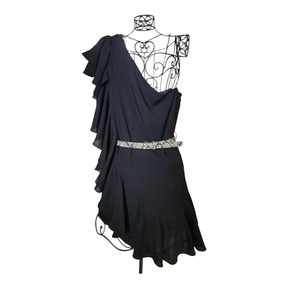 Double Zero Black One-Shoulder Ruffle Dress – Chic Cocktail Party Mini Medium - Picture 8 of 9
